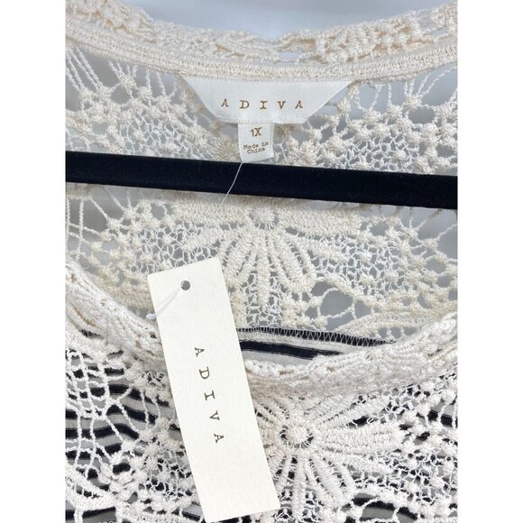 Adiva Plus Top Blouse 1X Navy Blue Ivory Shark Bite Hem Crochet Stripe New B40 - Picture 6 of 7